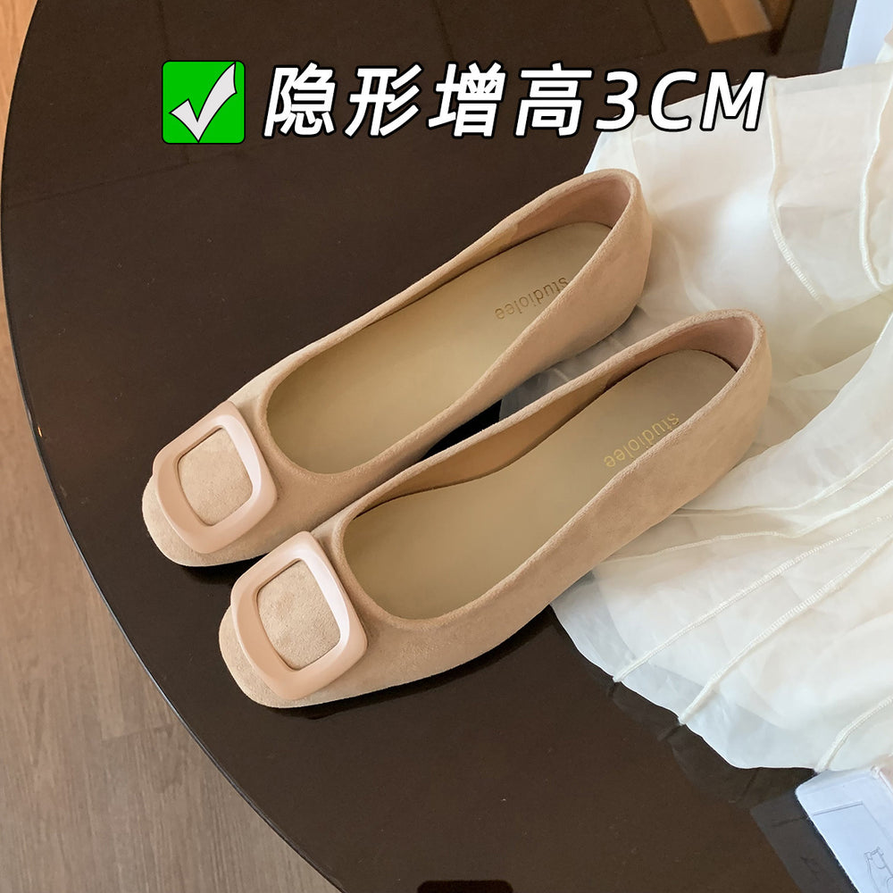 Black french square buckle flatsflatsflats round toe slip-on hidden heel suede work clothing women's shoes low heel casual