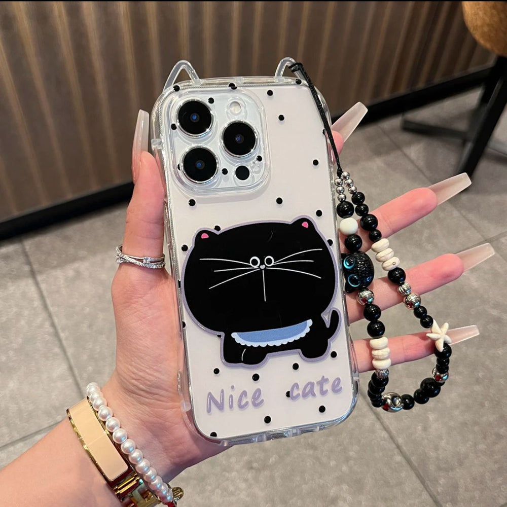 Polka dot black cat new slim waist cat ear phone case for iphone 16 pro max & apple 15 protective cover