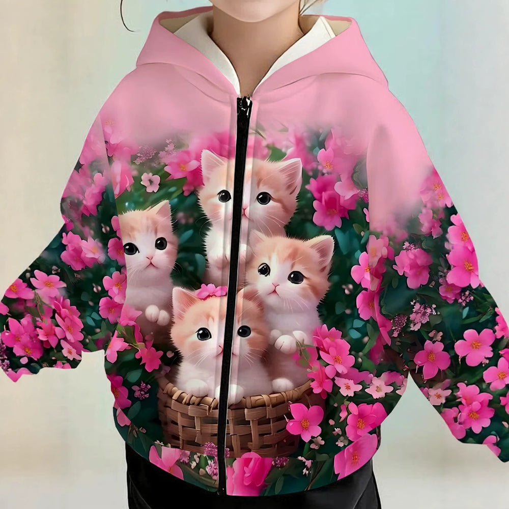 Kids' hoodie jacket, cross-border hot seller: cute cartoon print fashion zip-up hoodie for girls, dropshipping available