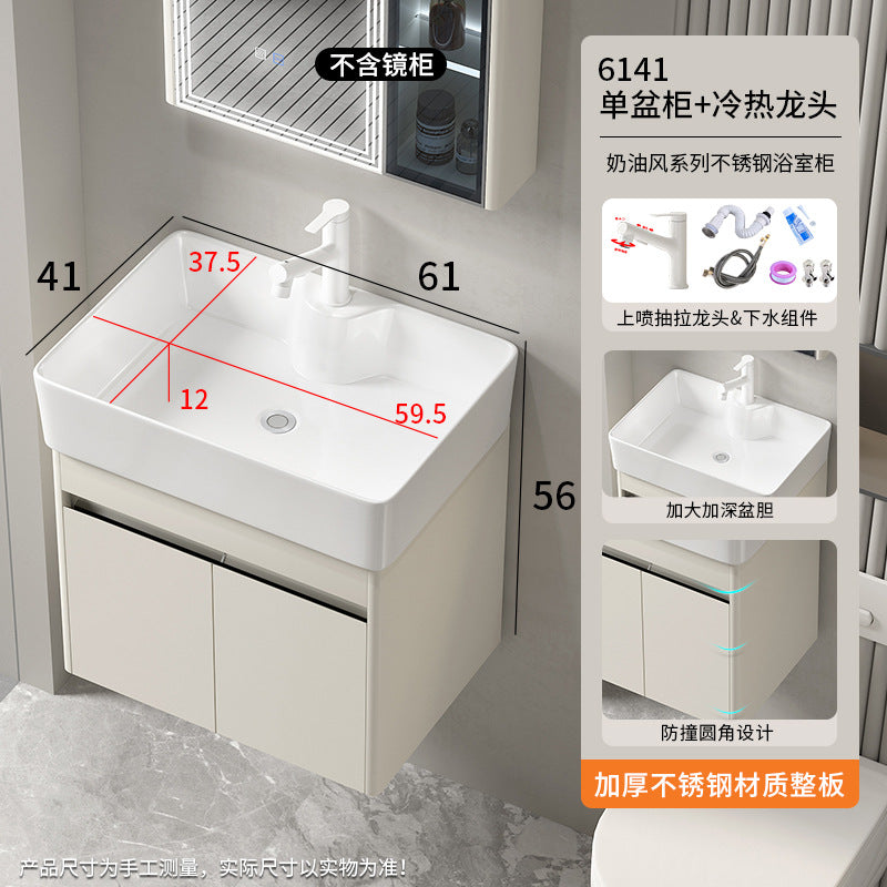 Small apartment bathroom cabinet Thickened stainless steel washstand Integrated cabinet Storage mirror Washstand Deepened ceramic integrated basin