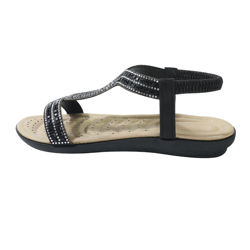 Flat bottom rhinestone & hotfix crystal roman sandals - women's 2025 summer new korean style plus size elastic band sandals