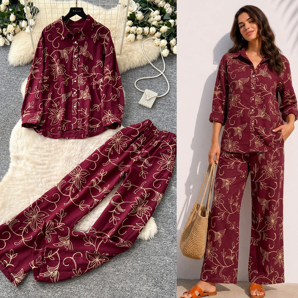 Light mature style leaf embroidercardiganloose pantstwo-piece set for women autumslimming lookeasiest for matchwork clothing stylesuit