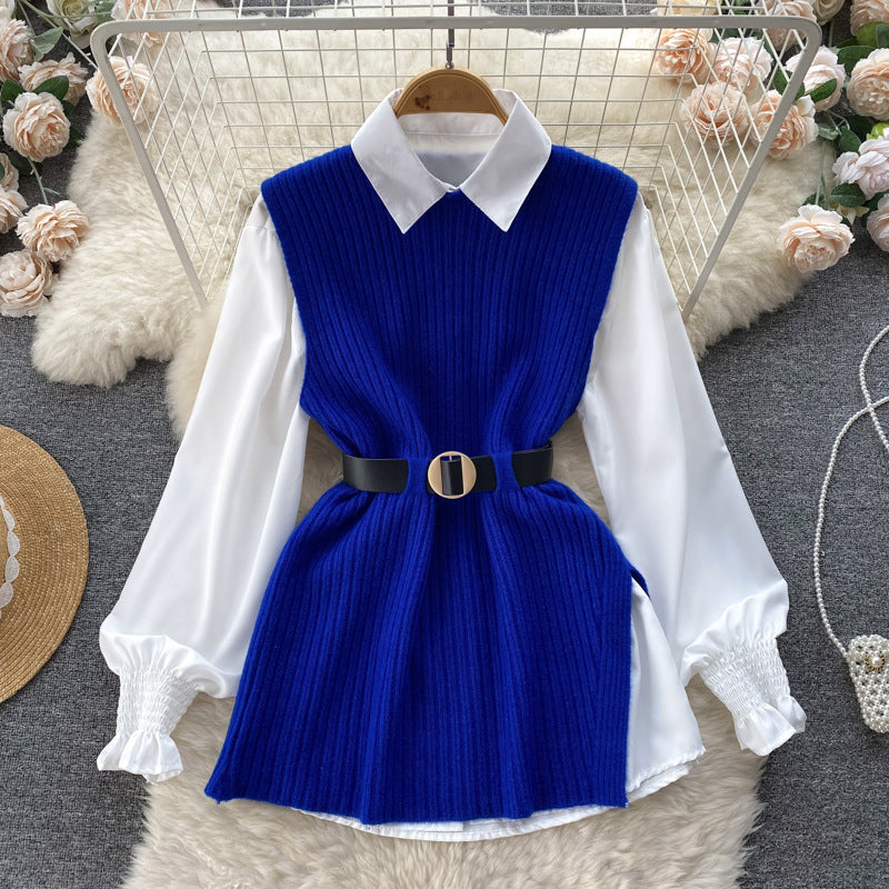 Luxury chic women's set: relaxed fit long sleeve white blouse top + slit knit vest two-piece fashion outfit