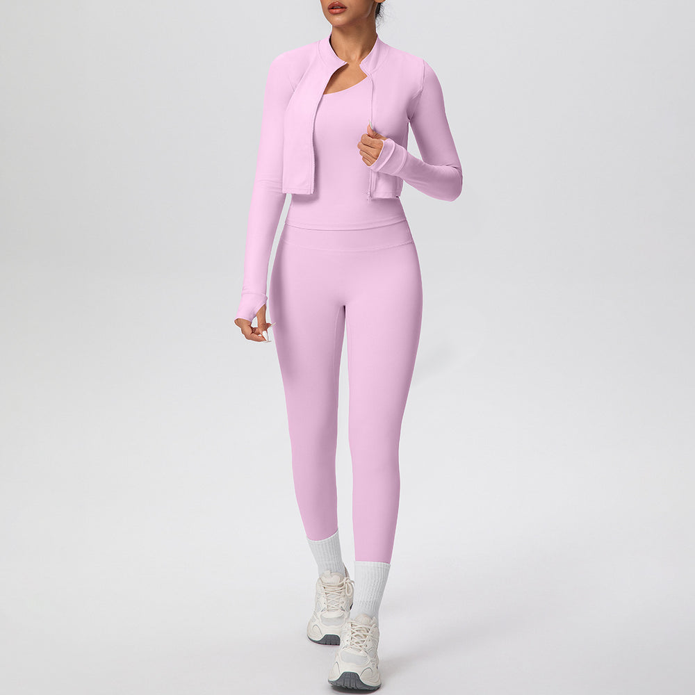 Cloud-feel quick-dry zip-up jacket high-waisted yoga leggings set - outdoor casual running fitness activewear 3-piece set