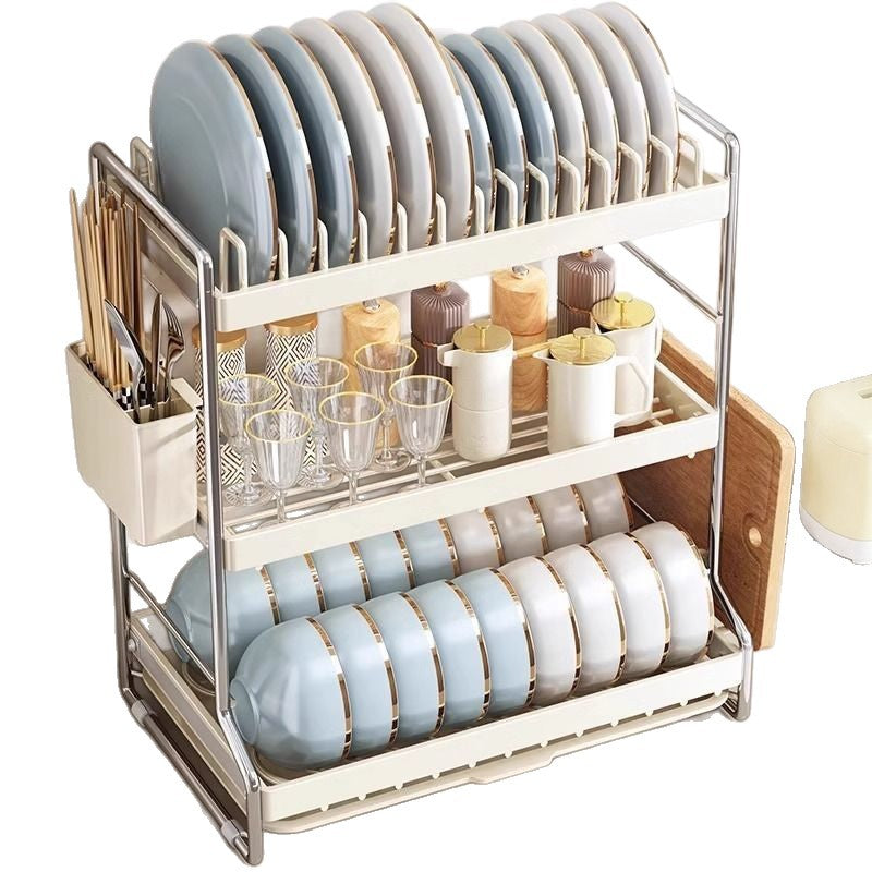 Accessible luxury cream white kitchen daily use bowl rack storage rack countertop for bowls, plates, chopsticks, multifunctional cutting board, dishes storage