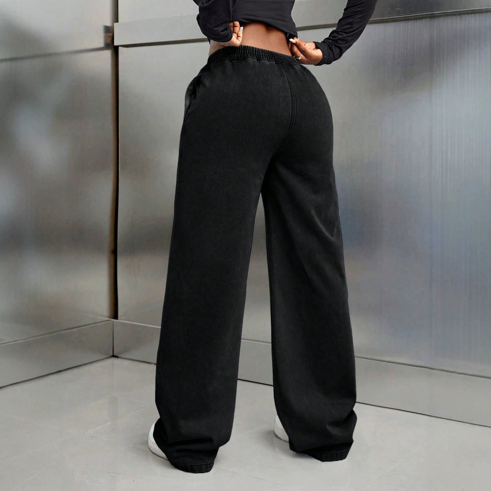 Fashionjeans women's distressed washed elastic waiststraight-legcasualjeansfashion style lazy wide leg pants