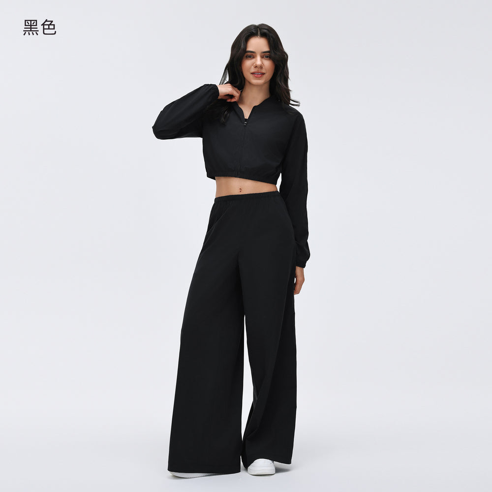 Women's outdoor sports fitness outfit set - lightweight long sleeve zip-up jacket & loose fit straight leg casual active pants