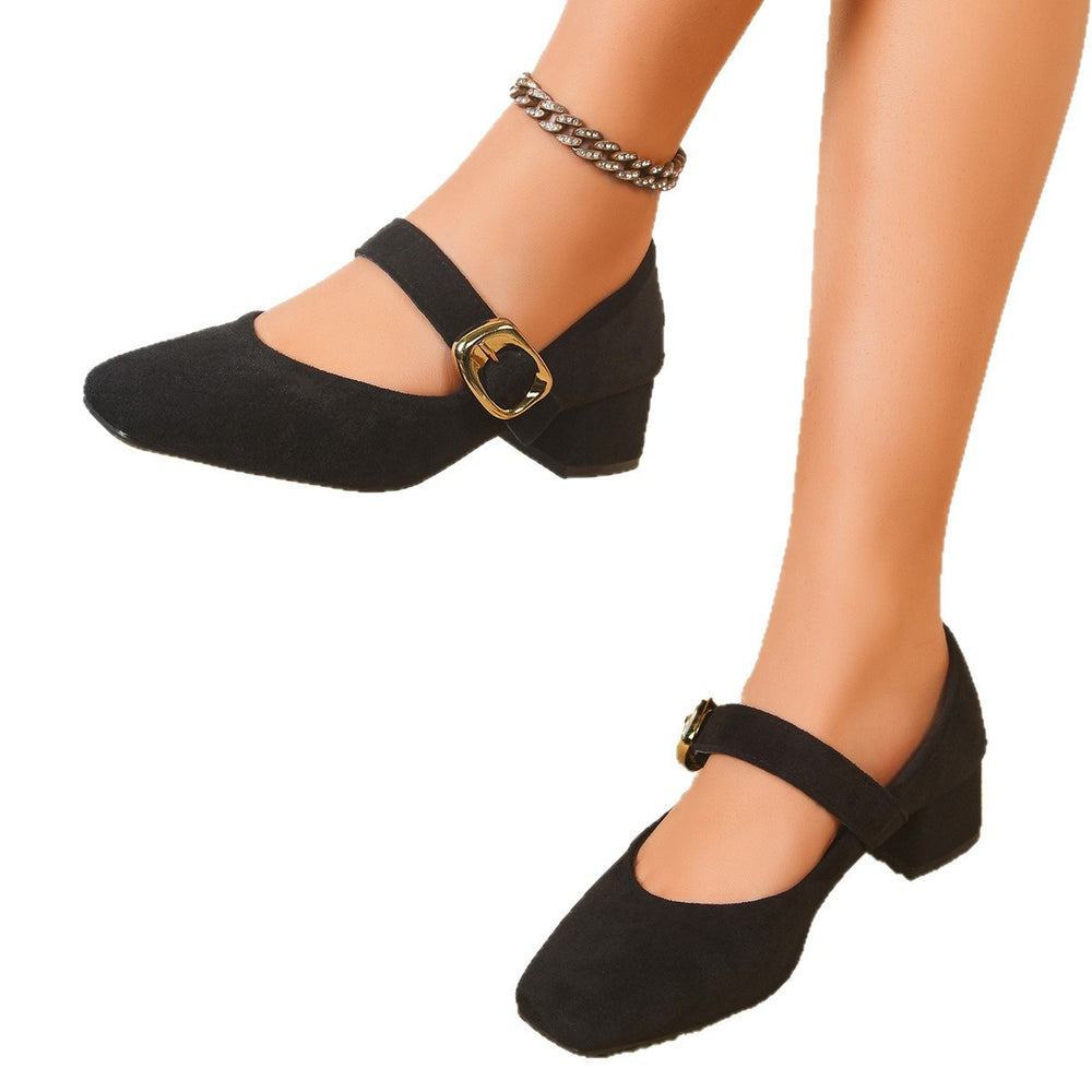 Retro thick heel suede square toe flats women's  spring & fall new arrivalfleece-lined leopard print one-word buckle mary jane shoes