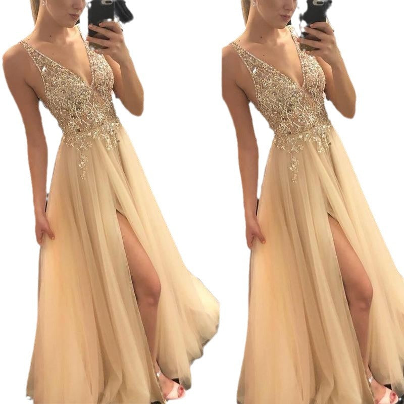 Shiny evening dress : european and american summer gold v-neck patchwork dress, party evening gown for women
