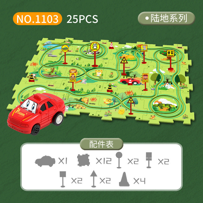 Diy children's educational track car set - multiple scene city map building electric puzzle track car