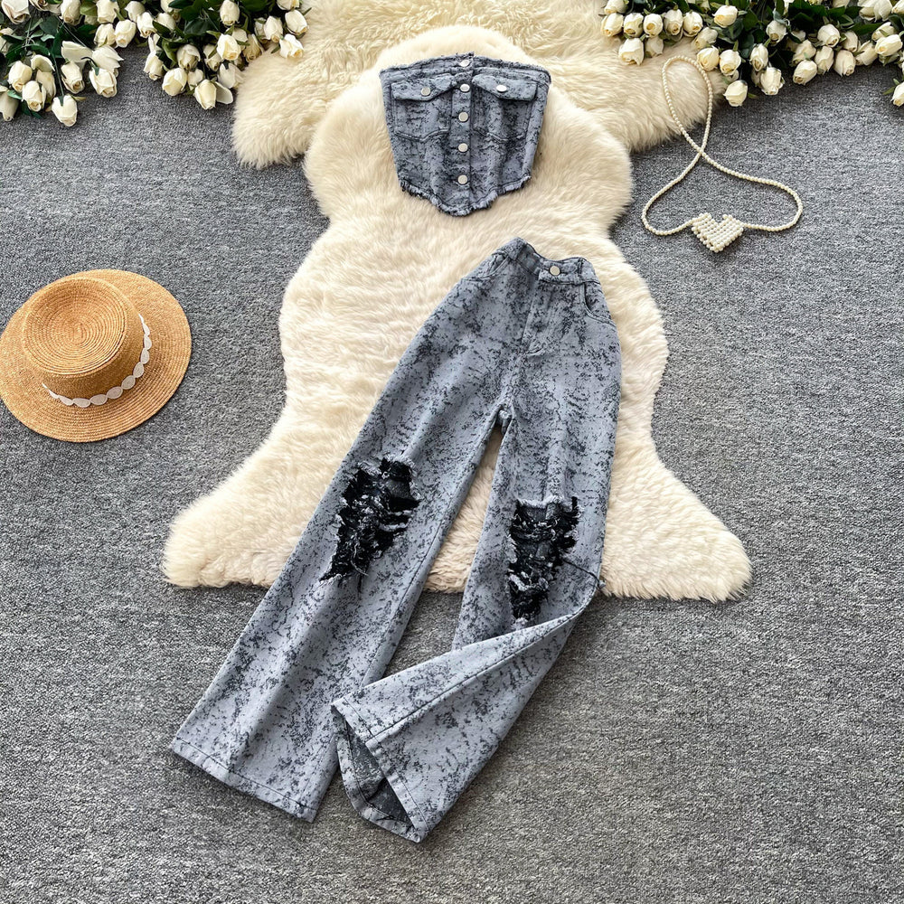 Lightly mature elegant style tube top vest high waistloose pantstwo-piece set women's summer ripped distressed pantsslimming looksuit
