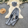 Lightly mature elegant style tube top vest high waistloose pantstwo-piece set women's summer ripped distressed pantsslimming looksuit