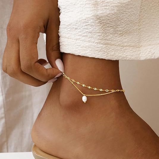 Fashion cross-border freshwater pearl pendant rope chain double layer stacked anklet exquisite foot jewelry freshwater pearl anklet