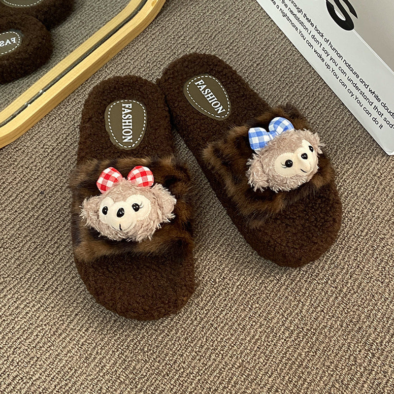 New warm autumn/winter bear fuzzy slippers for women, leopard print soft plush comfort slippers, home cotton slippers