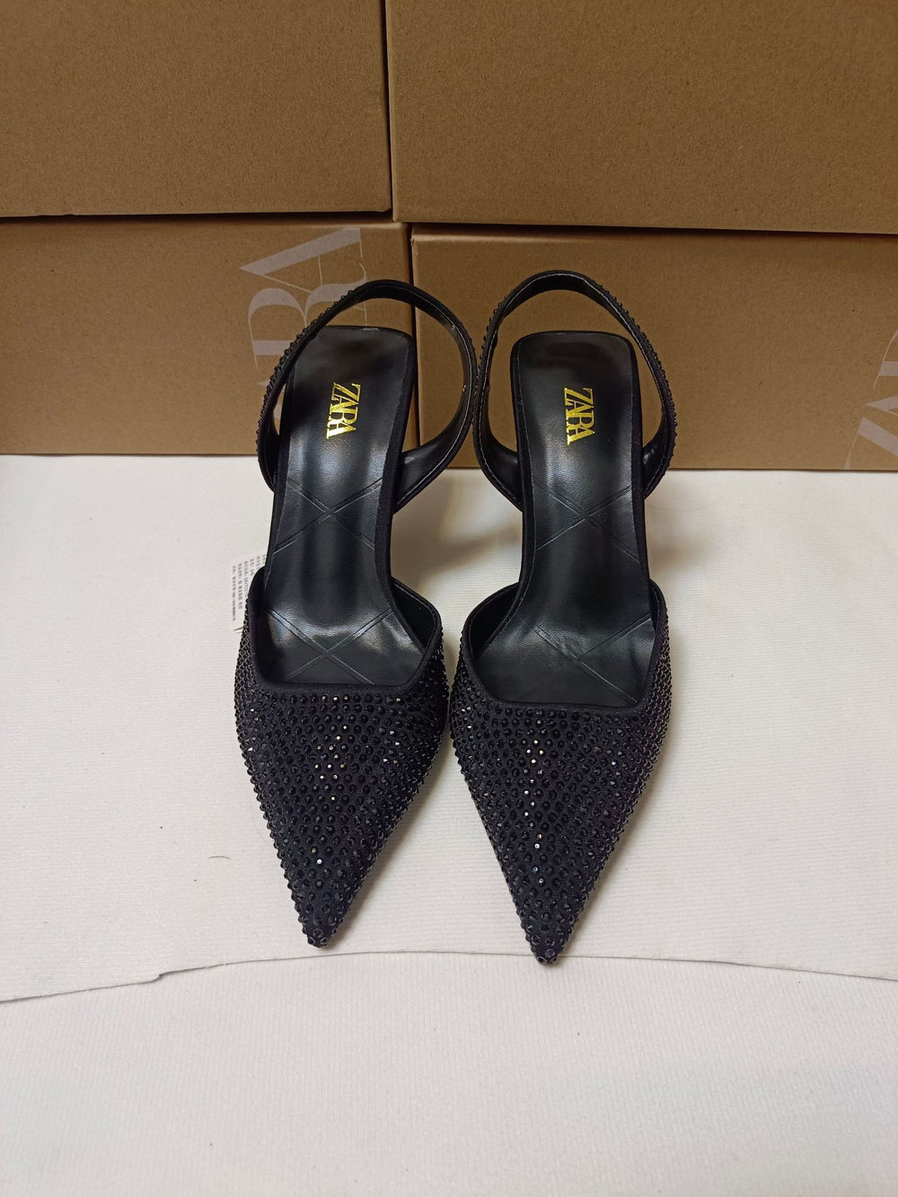 Za summer new 2024 high heel women's shoes - french pointed toe rhinestone embellished fashion back strap open heel stiletto pumps