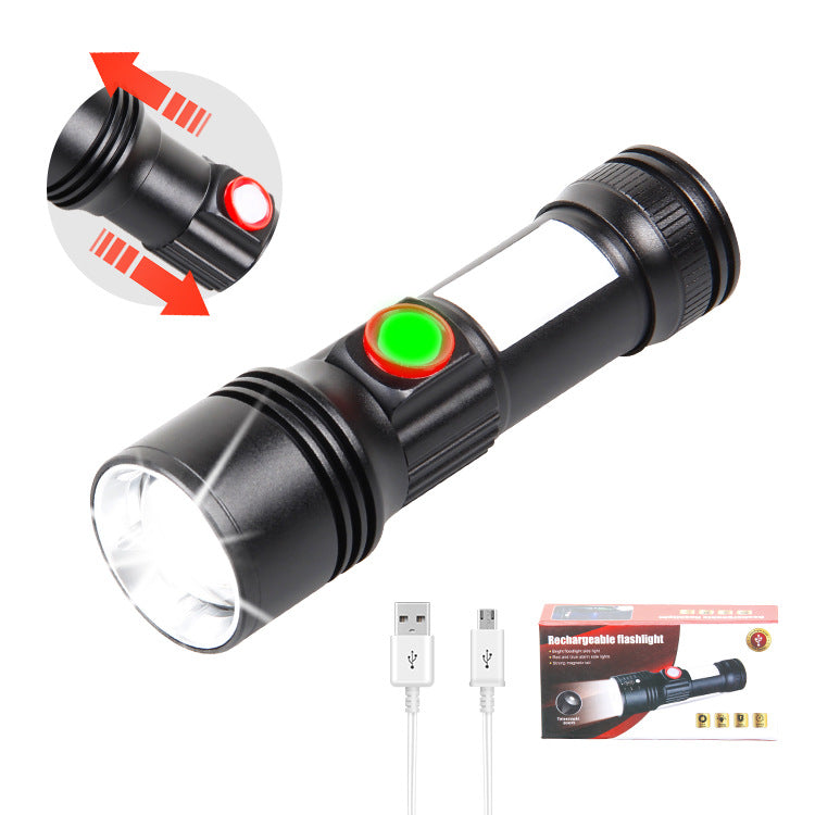 Cross-border new XHP50 strong light USB charging magnetic side light COB warning red, blue and white retractable LED flashlight