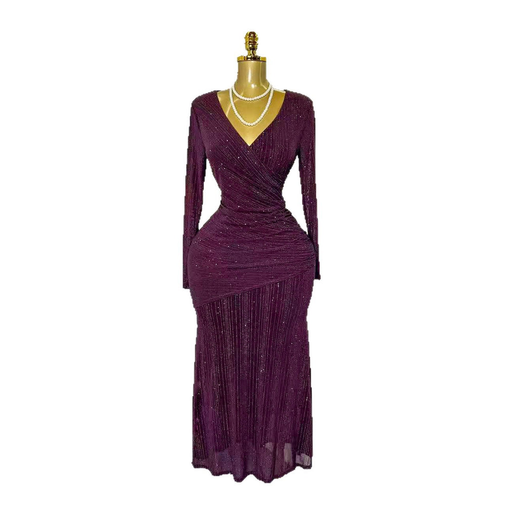 Exportautumnew arrivalsexy cross v necklong sleevesilm elastic mesh hot diamonddressfemaleelegance dress