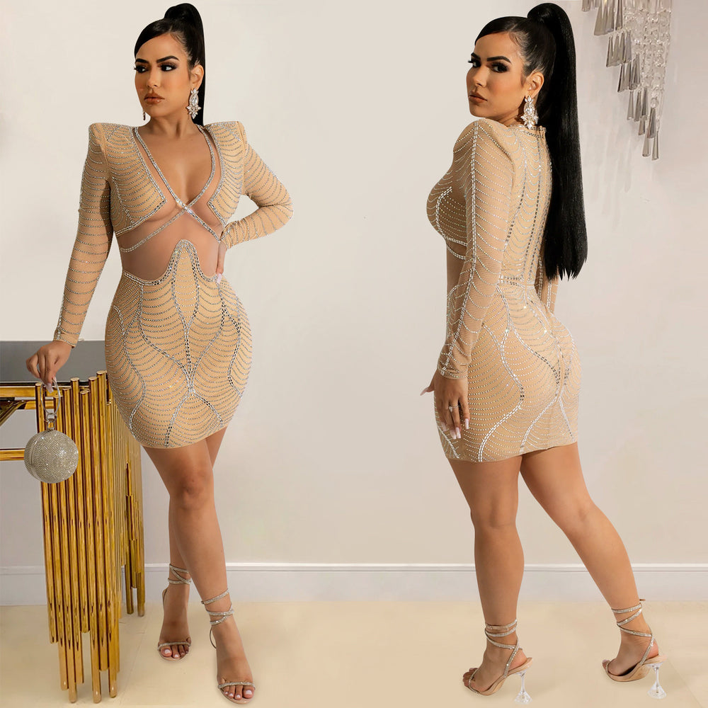 X5656 cross-border   fashion sexy women's nightclub long sleeve rhinestone mesh see-through dress