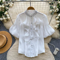 French-style diamond-embellished ruffle trim short-sleeve blouse - women's summer loose fit versatile designer top with a touch of luxury