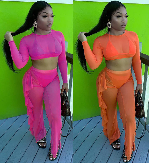 Y5183-1 , European and American women's clothing, fashionable fungus edge, sexy, perspective, mesh yarn, two-piece set