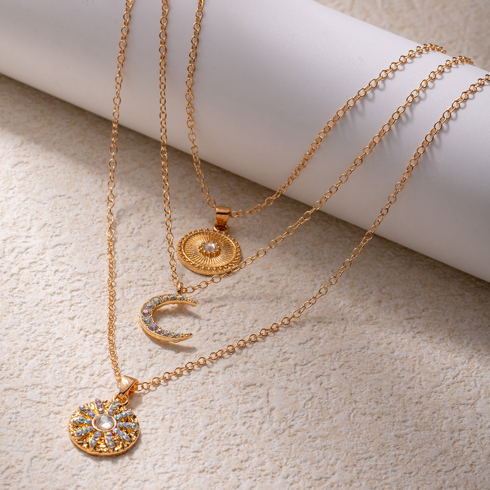 Wholesale diamond-studded necklaces: european & american cross-border jewelry, multi-layered geometric stackable necklaces, light luxury high-end pendant sun choker