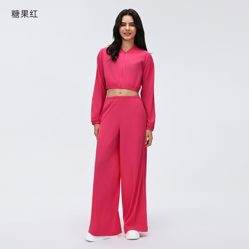 Women's outdoor sports fitness outfit set - lightweight long sleeve zip-up jacket & loose fit straight leg casual active pants