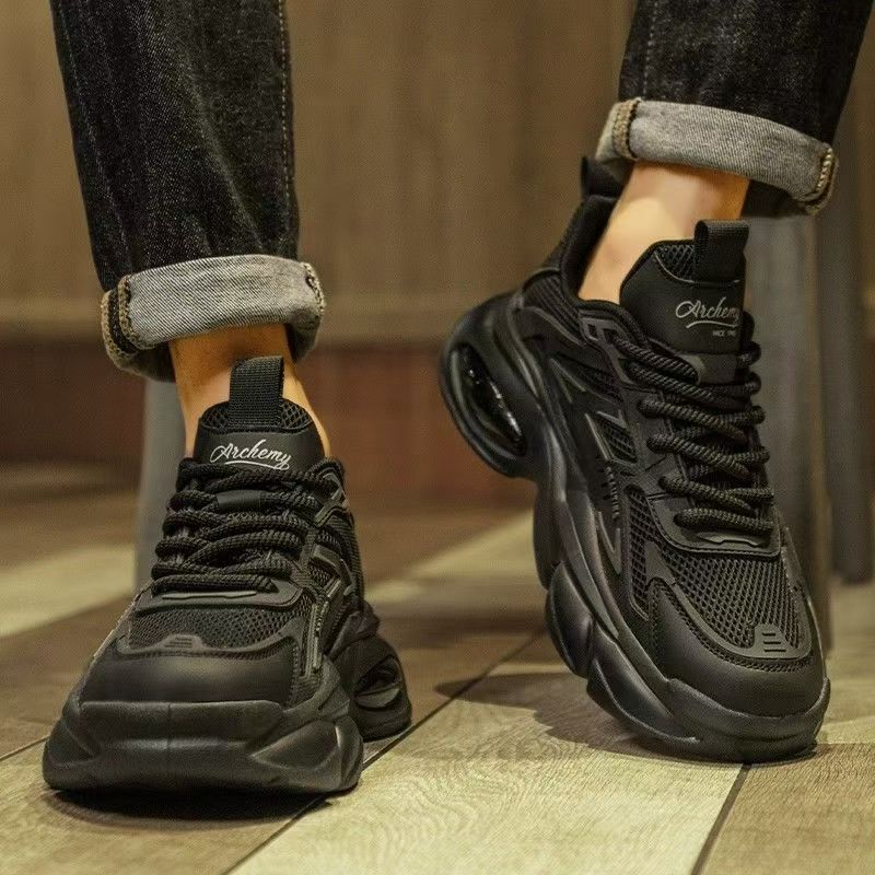 Men's winter 2025 new arrival: bestselling all-black chunky sole "black warrior" air cushion casual sneakers - dad shoes, trendy ins style