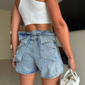 casual style light blue shorts women's washed high waist pleated jeans back stereobows sweet and spicy hot pants