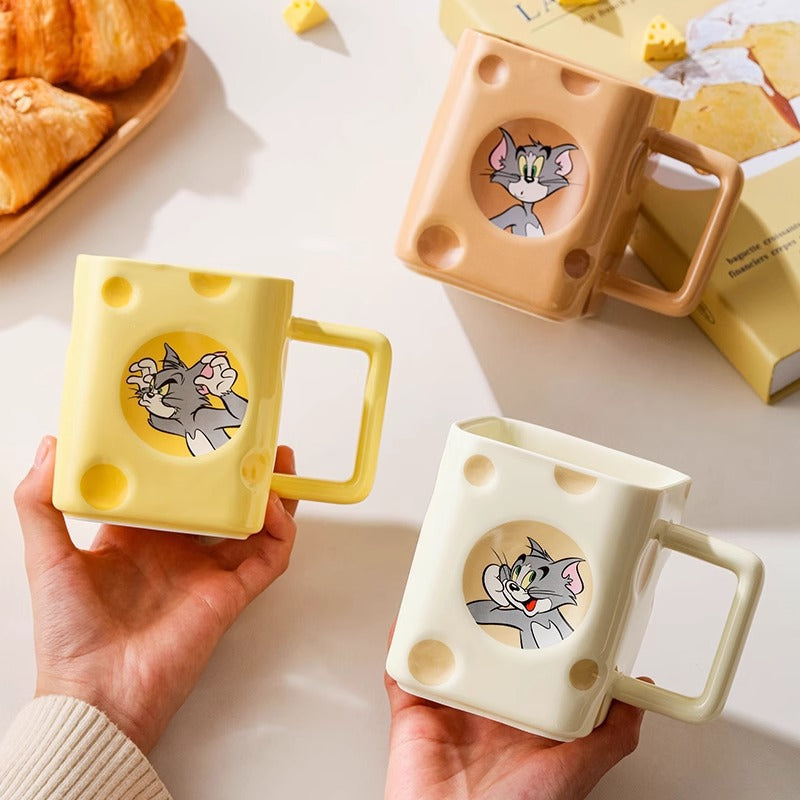 Cat and Mouse Square Cheese Mug with Lid and Spoon Gift Box Household Ceramic Mug Coffee Mug Birthday Gift