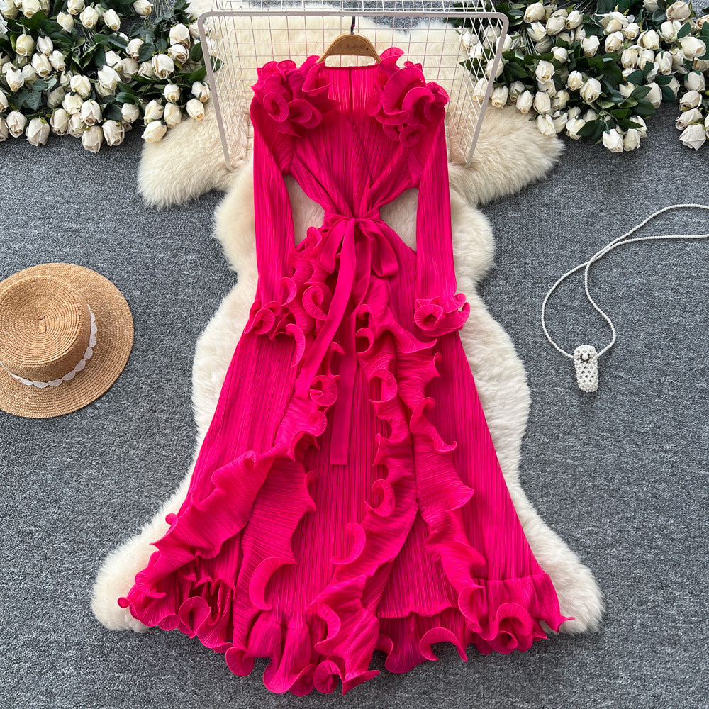 European and american niche style 3d ruffle trim tie-waist long sleeve pleated maxi dress with slit