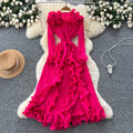 European and american niche style 3d ruffle trim tie-waist long sleeve pleated maxi dress with slit