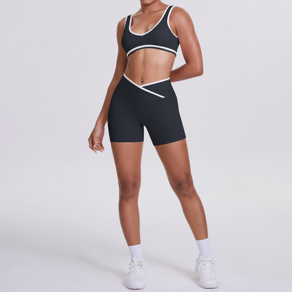 new arrival: double-sided brushed fleece color block compression yoga set - breathable, cross-back design, perfect for running and fitness (two-piece set)