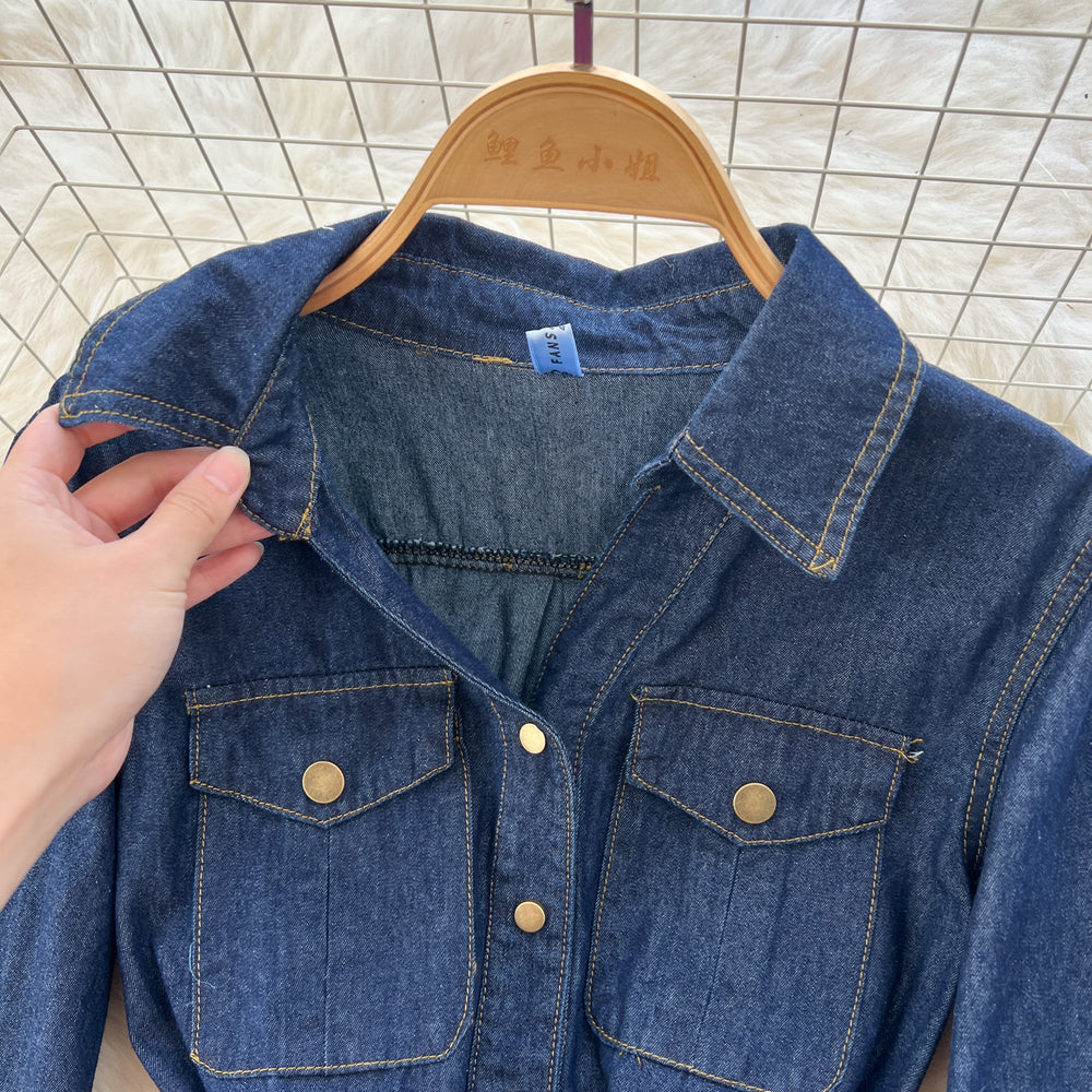 High-end elegant women's dress -  autumn new arrival: chic and graceful notch collar, single-breasted button closure, cinched waist denim midi dress