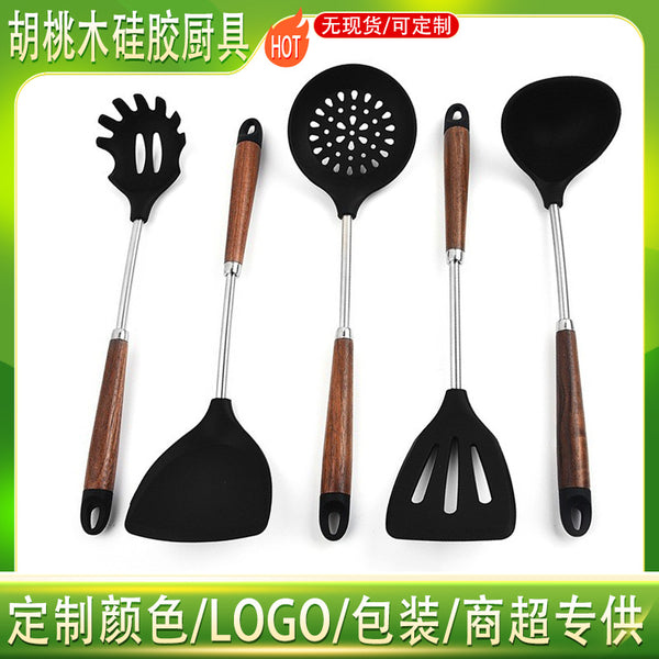 Walnut handle silicone shovel, special shovel for non-stick pan, Chinese shovel for cooking utensils, walnut spoon for supermarkets