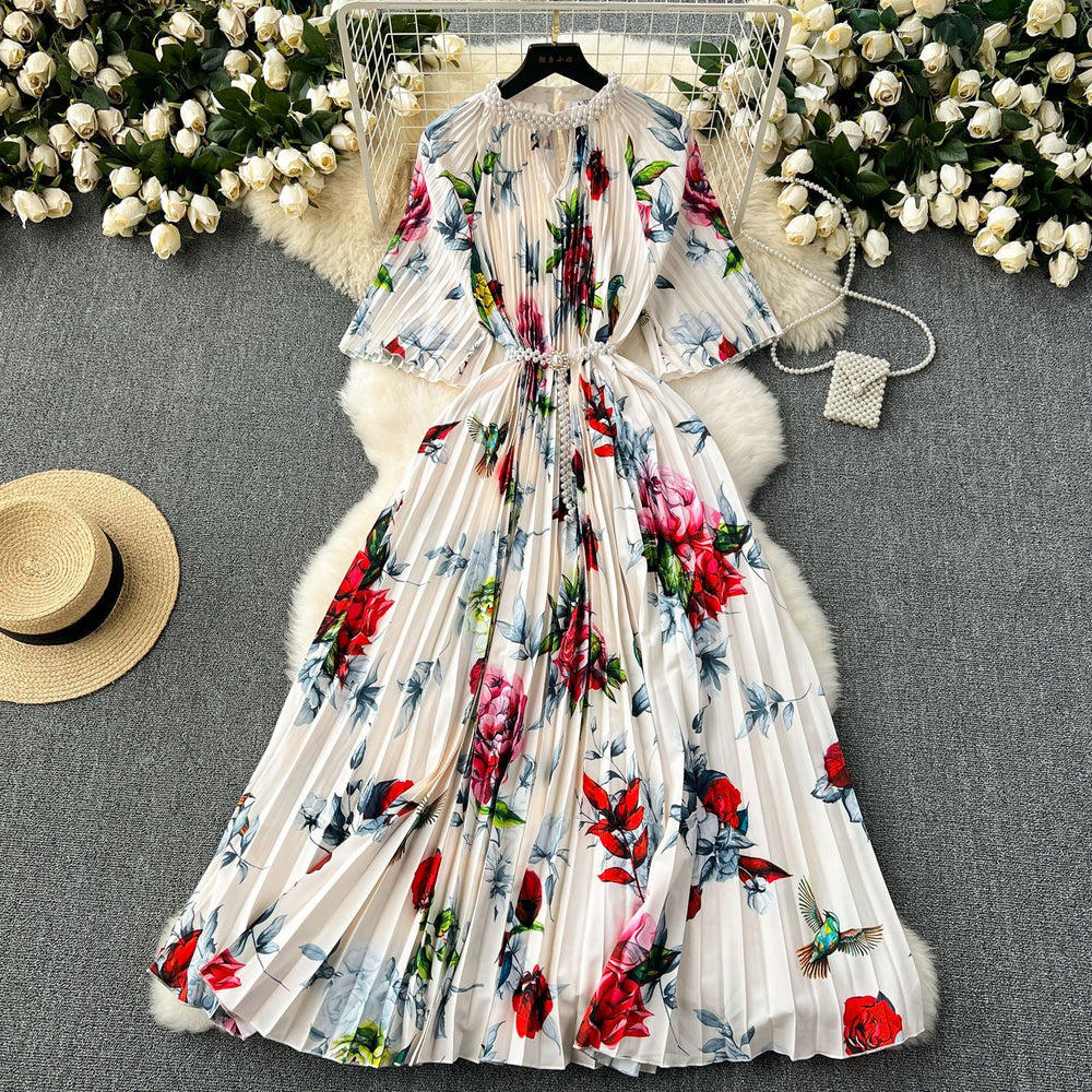 European and american high-end elegant dress - new women's beaded round neck short sleeve cinched waist loose pleated printed maxi dress