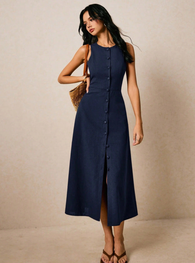 european and american cross-border sleeveless single-breasted new long dress - elegant tie-waist dress