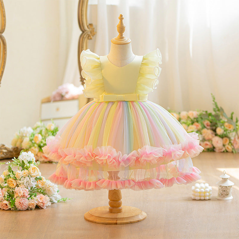 European and american new princess dress mesh print rainbow floral girl's wedding dress party baby's first birthday christening gown