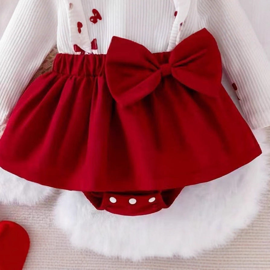 valentine's day sweet & romantic big bow print patchwork girls' cute two-piece dress set