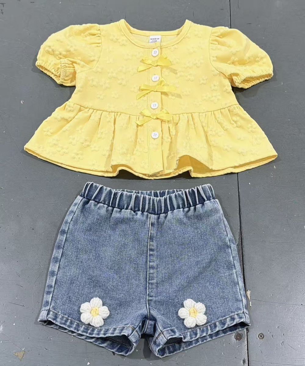 hot selling baby girl princess sleeve bow top + 3d floral denim shorts two-piece set