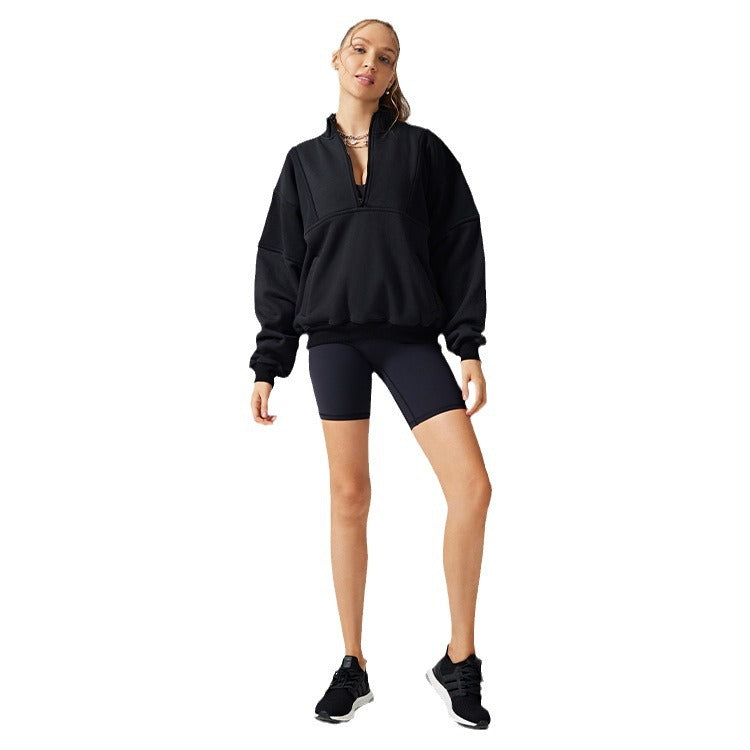 European and american style loose fit half-zip long sleeve yoga jacket - warm, fleece-lined stand collar running and workout top