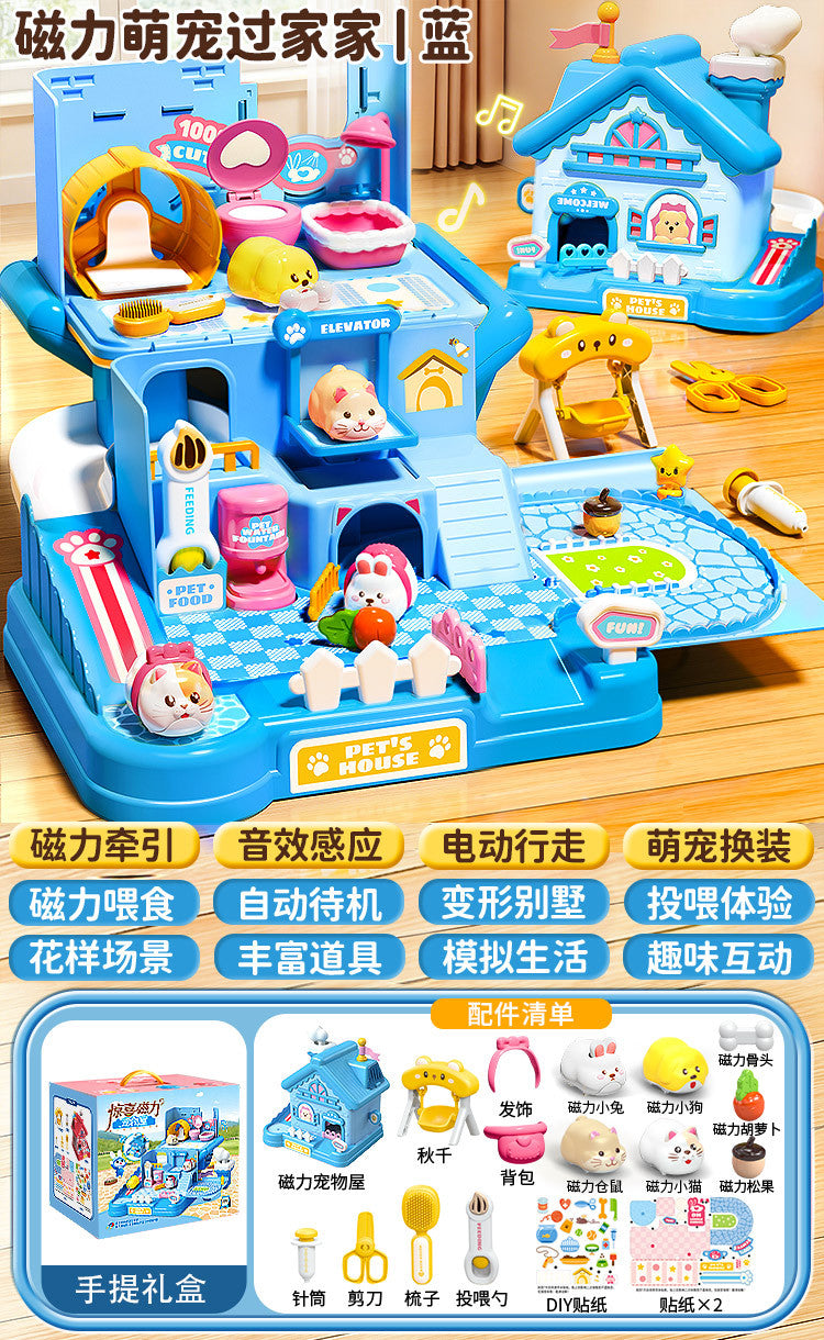 3-6 year old girls' toys, pretend play magnetic pet house, little rabbit & cat dolls, birthday gift for girls