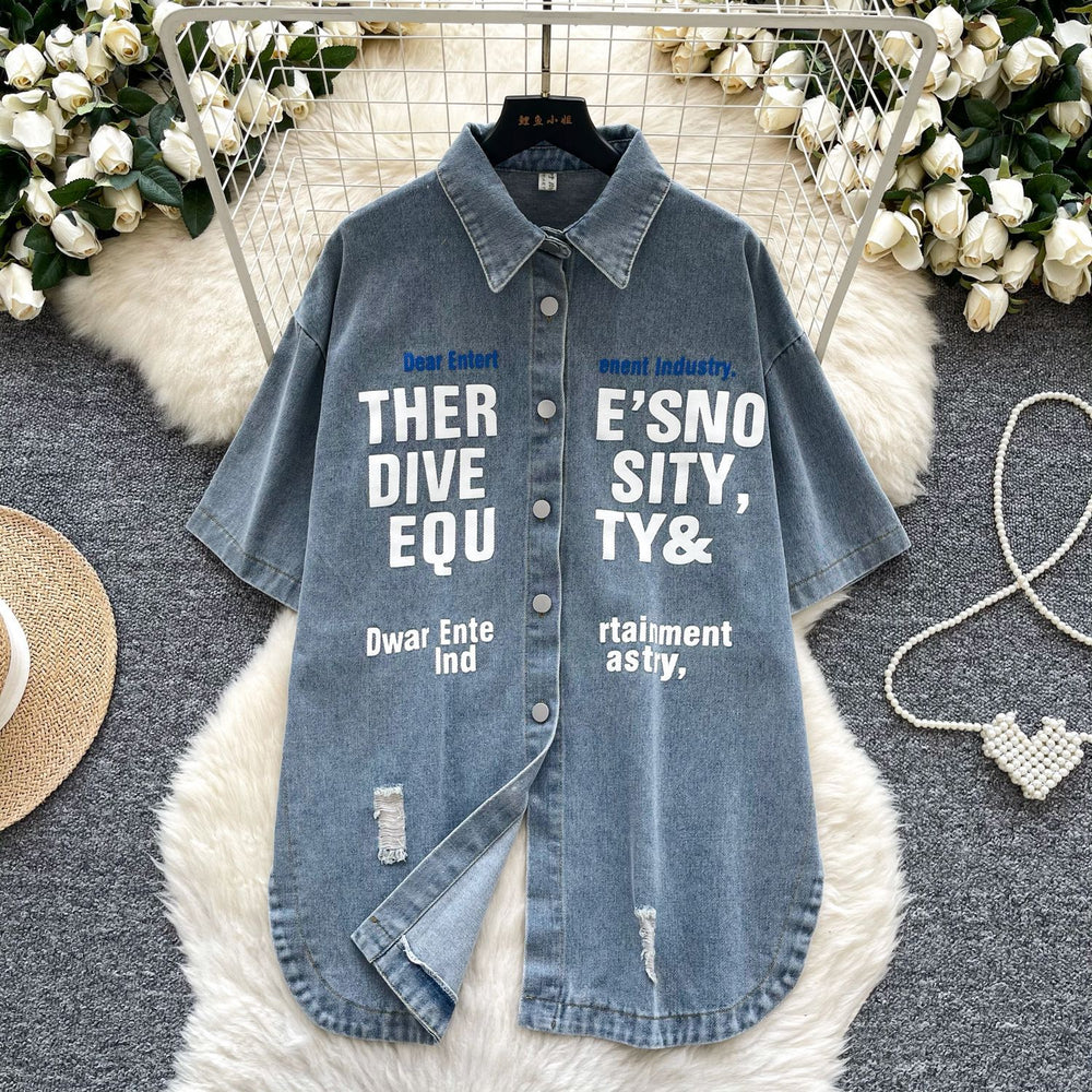 Hong kong style retrocasualbf style fashionable denim shirt for women summersense of designasymmetricalletterprintingtops for women