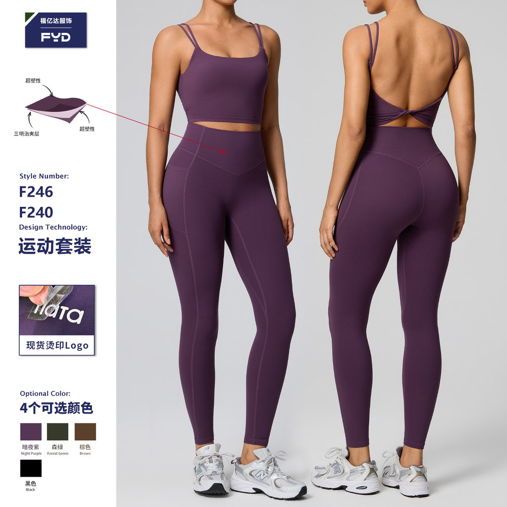 high waistflap pocket pants sportswear two-piece set women's high elastic shaping quick-drying fitness clothes running yoga clothes suit