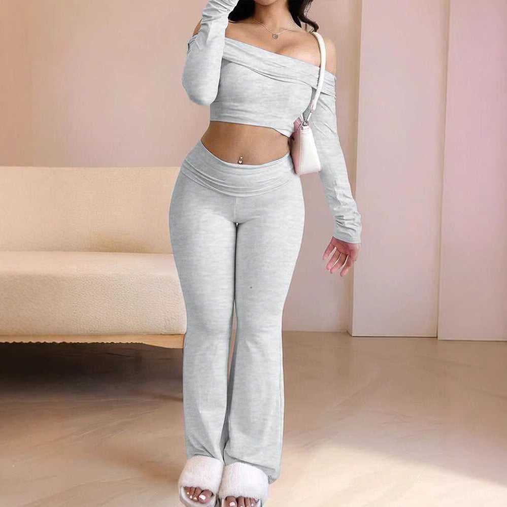 Tk  cross-border new arrival: off-the-shoulder long sleeve bodycon top and maxi pants two-piece set