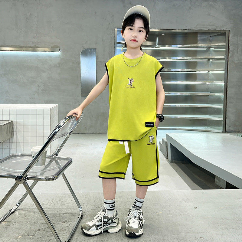 Kids' boys' summer outfit set  new style: trendy, stylish, lightweight, and cool short-sleeve and long-pant set for summer