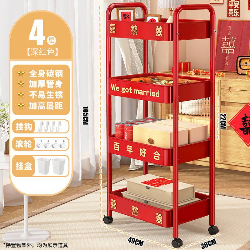 Red trolley rack Wedding household Wedding engagement arrangement Happy New Year's Day Spring Festival Floor storage shelf