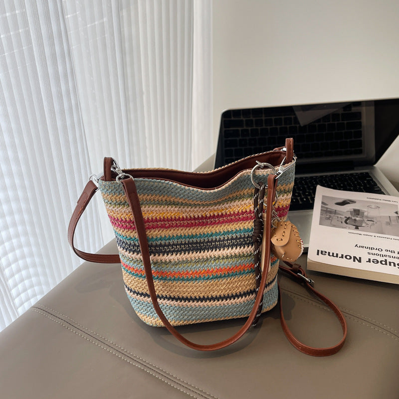 New arrival bucket bag niche style woven bag stripes shoulder bag trendy armpit bag fashion straw bag satchel crossbody bag