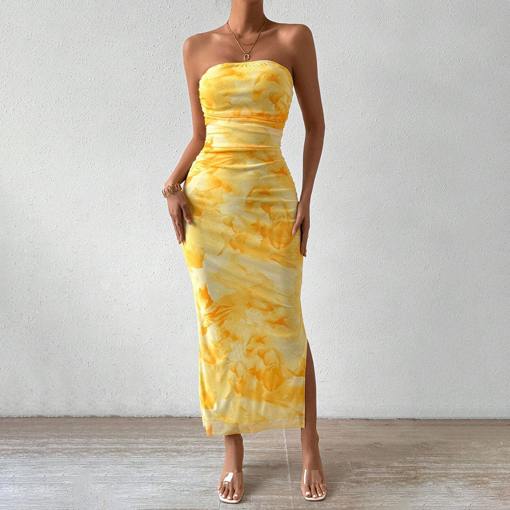 Custom-made cross-border women's tk mesh printed dress, new summer high-waisted slimming slit tube top bodycon dress