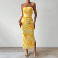 Custom-made cross-border women's tk mesh printed dress, new summer high-waisted slimming slit tube top bodycon dress