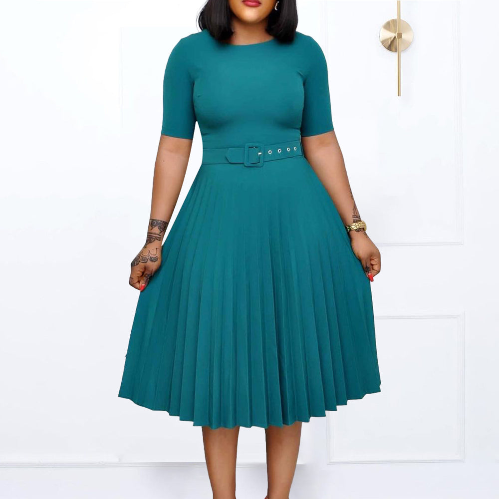 D3292 cross-border new european and american  round neck midi pleated skirt plus size african cross-border african dress